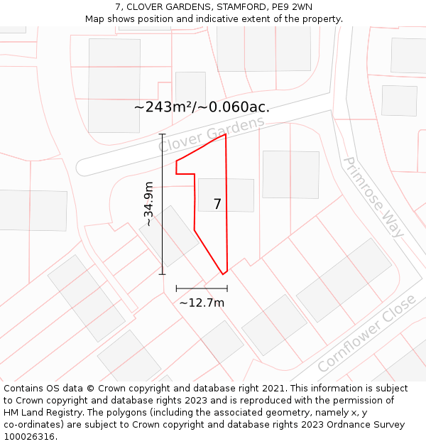 7, CLOVER GARDENS, STAMFORD, PE9 2WN: Plot and title map