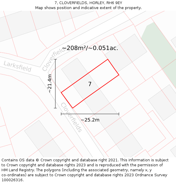 7, CLOVERFIELDS, HORLEY, RH6 9EY: Plot and title map