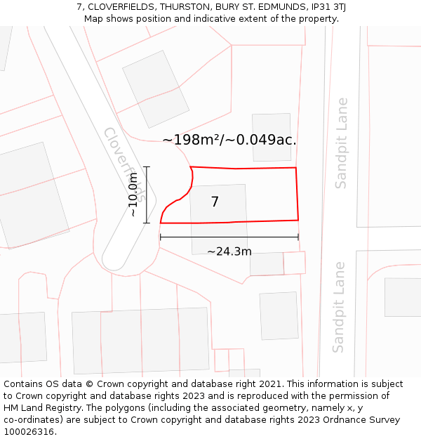 7, CLOVERFIELDS, THURSTON, BURY ST. EDMUNDS, IP31 3TJ: Plot and title map