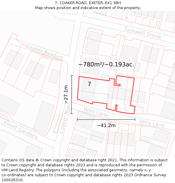 7, COAKER ROAD, EXETER, EX1 3BH: Plot and title map