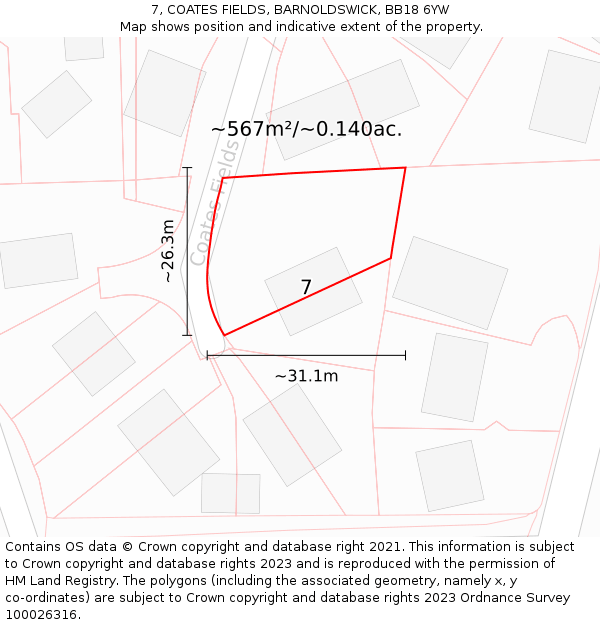 7, COATES FIELDS, BARNOLDSWICK, BB18 6YW: Plot and title map