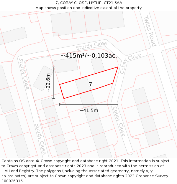 7, COBAY CLOSE, HYTHE, CT21 6AA: Plot and title map