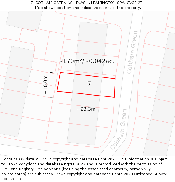 7, COBHAM GREEN, WHITNASH, LEAMINGTON SPA, CV31 2TH: Plot and title map