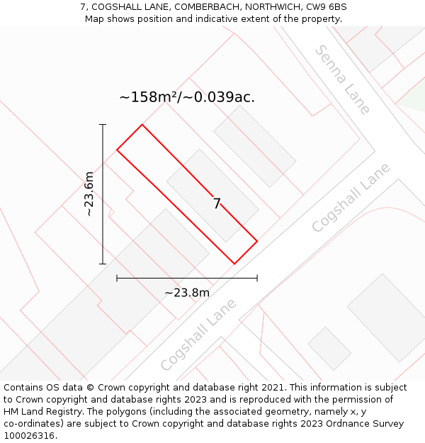 7, COGSHALL LANE, COMBERBACH, NORTHWICH, CW9 6BS: Plot and title map