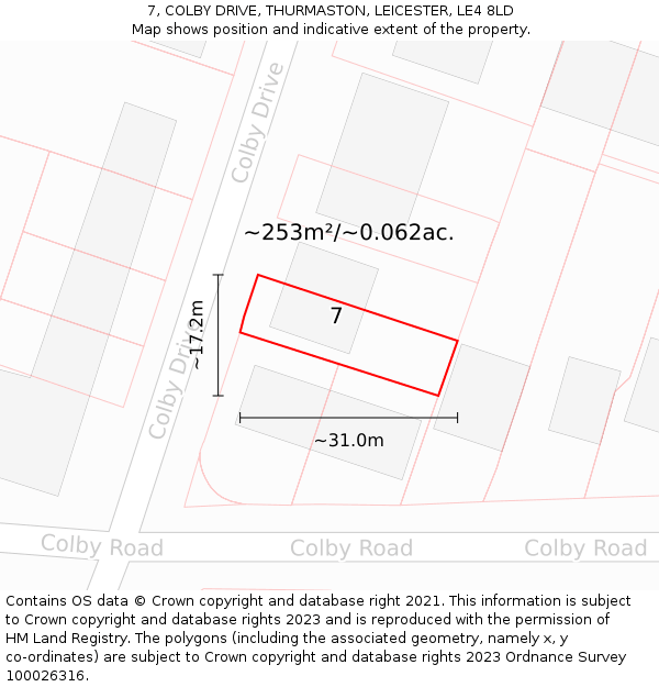 7, COLBY DRIVE, THURMASTON, LEICESTER, LE4 8LD: Plot and title map