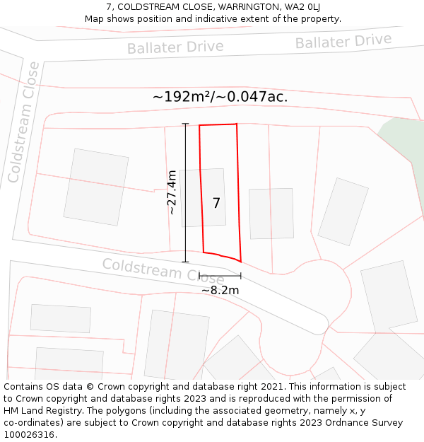 7, COLDSTREAM CLOSE, WARRINGTON, WA2 0LJ: Plot and title map