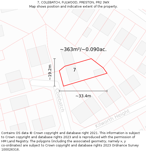 7, COLEBATCH, FULWOOD, PRESTON, PR2 3WX: Plot and title map