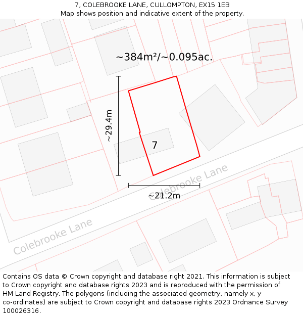 7, COLEBROOKE LANE, CULLOMPTON, EX15 1EB: Plot and title map