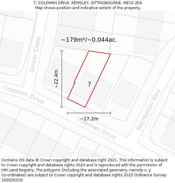 7, COLEMAN DRIVE, KEMSLEY, SITTINGBOURNE, ME10 2EA: Plot and title map