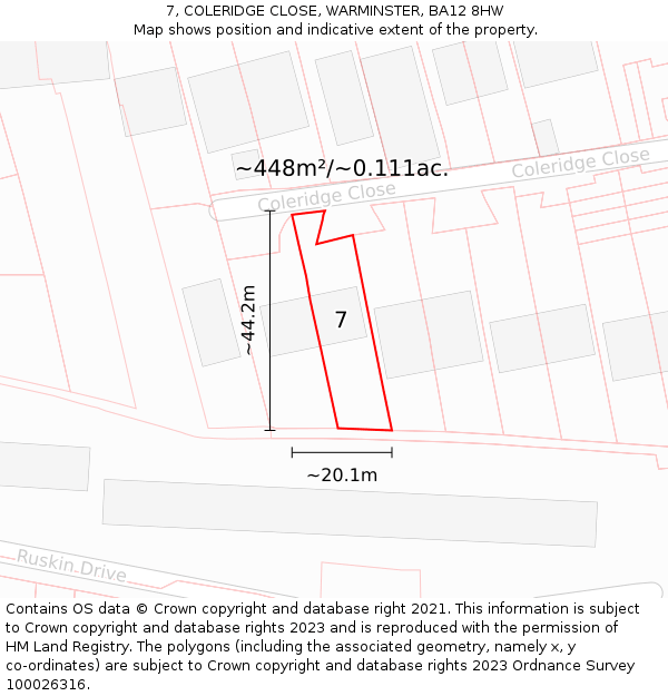 7, COLERIDGE CLOSE, WARMINSTER, BA12 8HW: Plot and title map