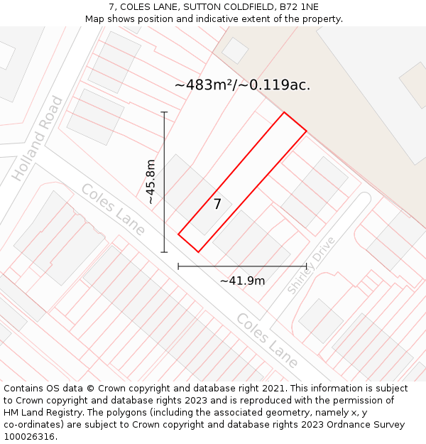 7, COLES LANE, SUTTON COLDFIELD, B72 1NE: Plot and title map