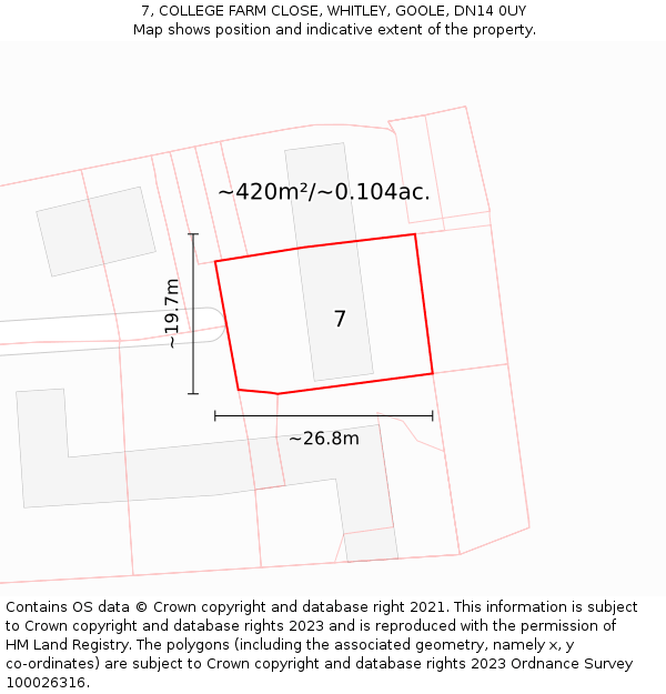 7, COLLEGE FARM CLOSE, WHITLEY, GOOLE, DN14 0UY: Plot and title map