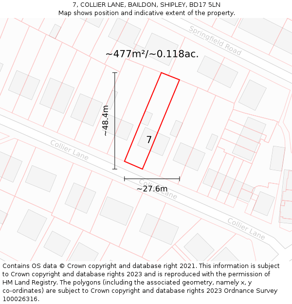 7, COLLIER LANE, BAILDON, SHIPLEY, BD17 5LN: Plot and title map