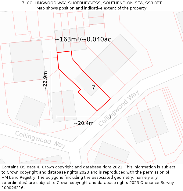 7, COLLINGWOOD WAY, SHOEBURYNESS, SOUTHEND-ON-SEA, SS3 8BT: Plot and title map