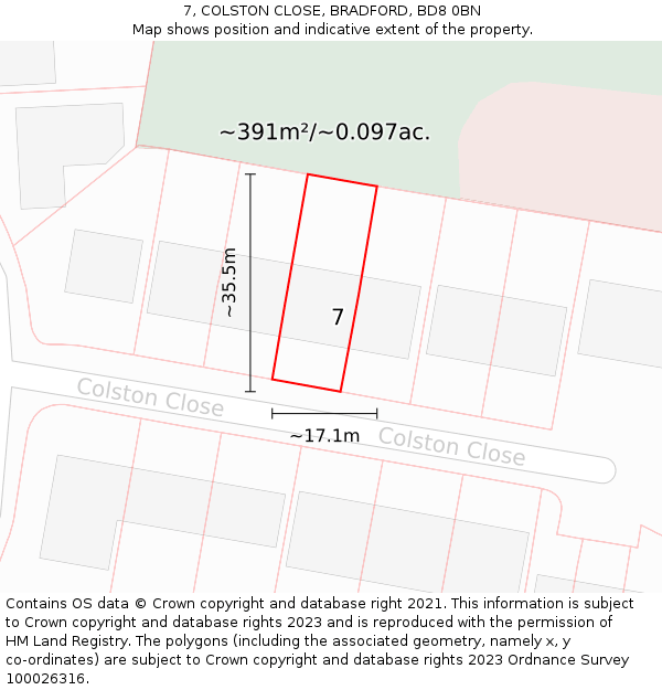 7, COLSTON CLOSE, BRADFORD, BD8 0BN: Plot and title map