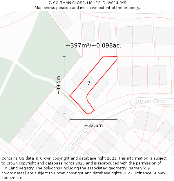 7, COLTMAN CLOSE, LICHFIELD, WS14 9YS: Plot and title map