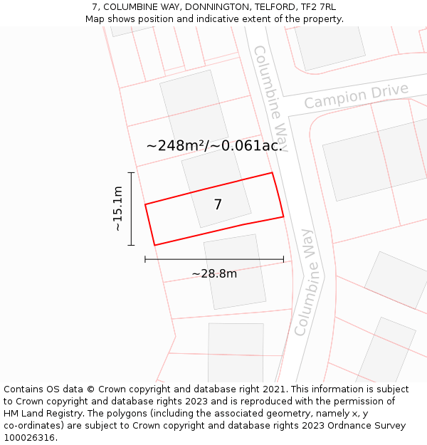 7, COLUMBINE WAY, DONNINGTON, TELFORD, TF2 7RL: Plot and title map