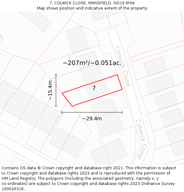 7, COLWICK CLOSE, MANSFIELD, NG19 6NW: Plot and title map