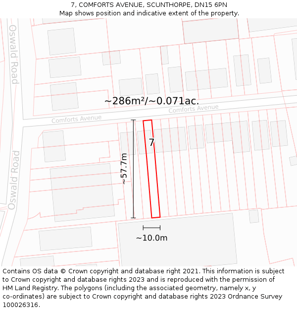 7, COMFORTS AVENUE, SCUNTHORPE, DN15 6PN: Plot and title map