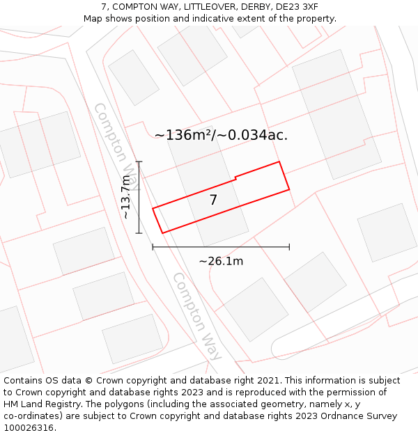 7, COMPTON WAY, LITTLEOVER, DERBY, DE23 3XF: Plot and title map