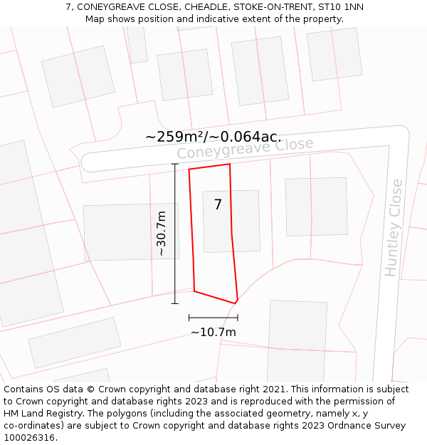 7, CONEYGREAVE CLOSE, CHEADLE, STOKE-ON-TRENT, ST10 1NN: Plot and title map