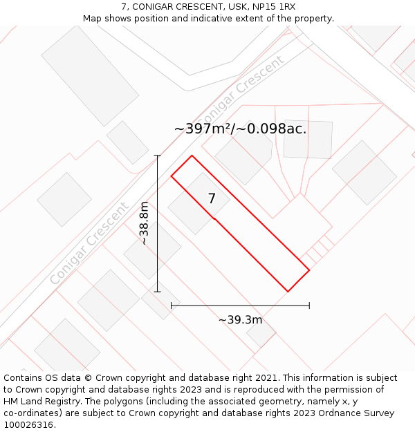 7, CONIGAR CRESCENT, USK, NP15 1RX: Plot and title map