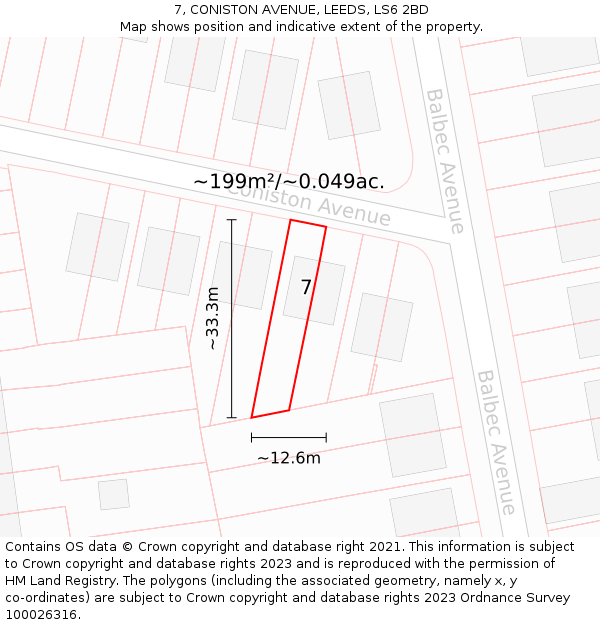 7, CONISTON AVENUE, LEEDS, LS6 2BD: Plot and title map