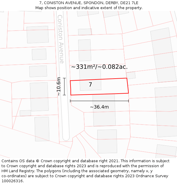 7, CONISTON AVENUE, SPONDON, DERBY, DE21 7LE: Plot and title map