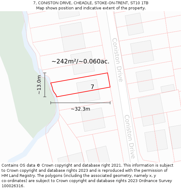 7, CONISTON DRIVE, CHEADLE, STOKE-ON-TRENT, ST10 1TB: Plot and title map