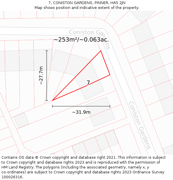 7, CONISTON GARDENS, PINNER, HA5 2JN: Plot and title map