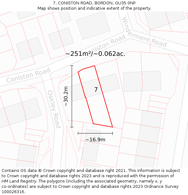 7, CONISTON ROAD, BORDON, GU35 0NP: Plot and title map