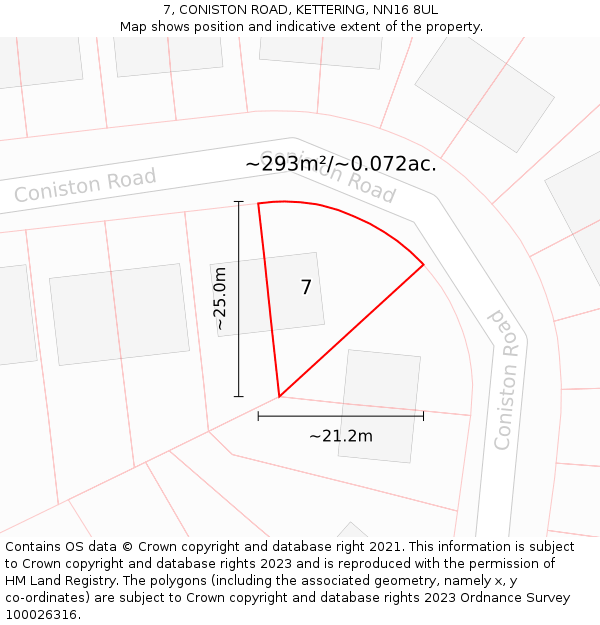 7, CONISTON ROAD, KETTERING, NN16 8UL: Plot and title map