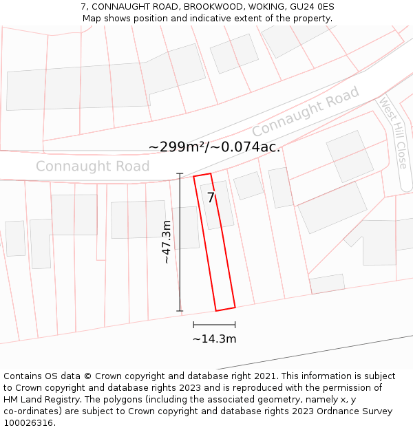 7, CONNAUGHT ROAD, BROOKWOOD, WOKING, GU24 0ES: Plot and title map