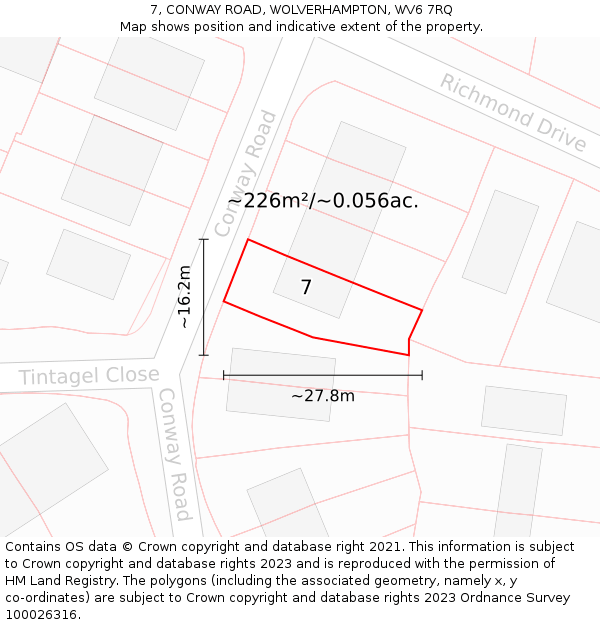 7, CONWAY ROAD, WOLVERHAMPTON, WV6 7RQ: Plot and title map