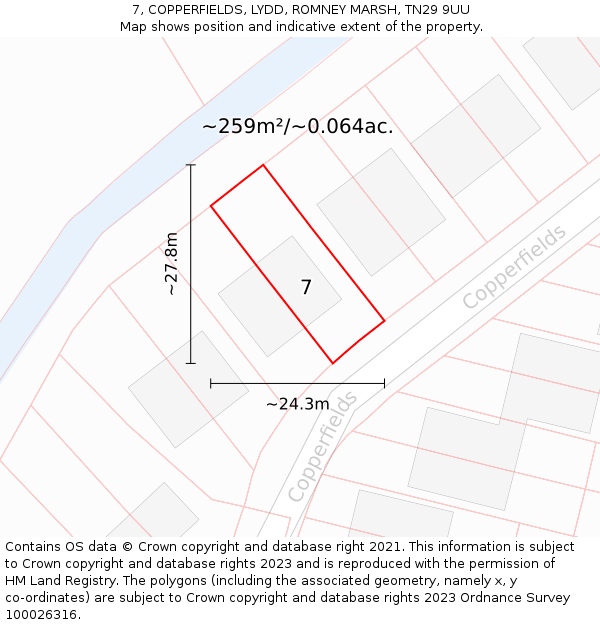 7, COPPERFIELDS, LYDD, ROMNEY MARSH, TN29 9UU: Plot and title map