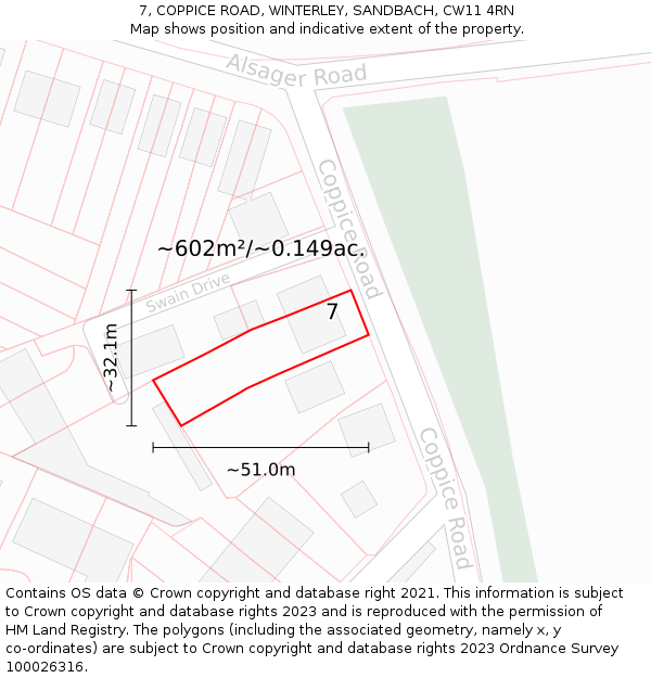 7, COPPICE ROAD, WINTERLEY, SANDBACH, CW11 4RN: Plot and title map
