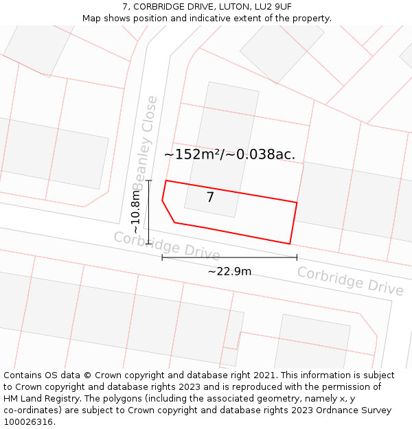 7, CORBRIDGE DRIVE, LUTON, LU2 9UF: Plot and title map