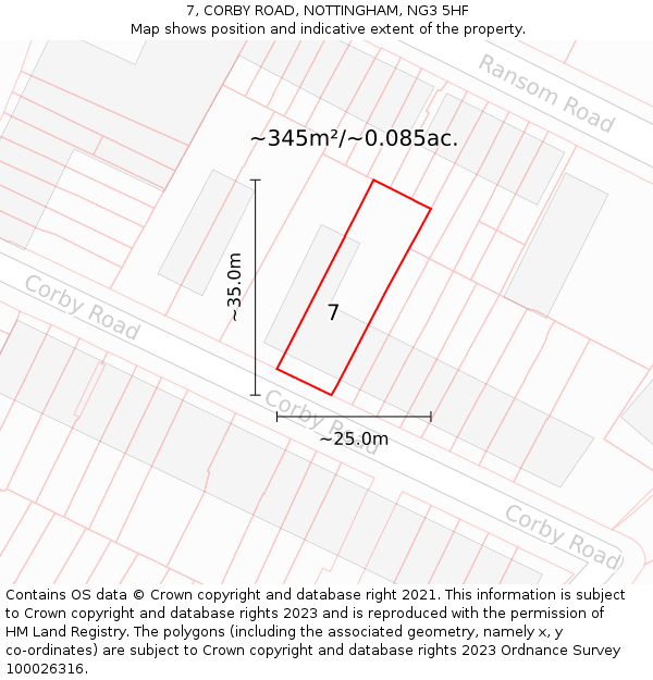 7, CORBY ROAD, NOTTINGHAM, NG3 5HF: Plot and title map
