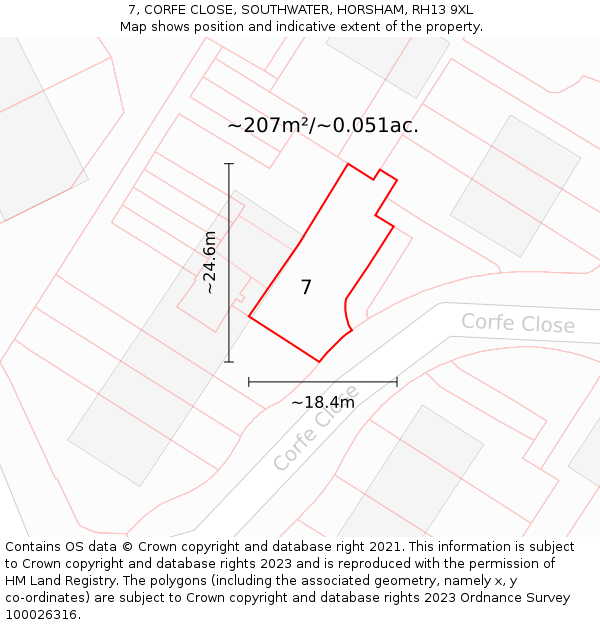 7, CORFE CLOSE, SOUTHWATER, HORSHAM, RH13 9XL: Plot and title map