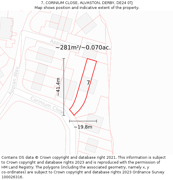 7, CORINIUM CLOSE, ALVASTON, DERBY, DE24 0TJ: Plot and title map
