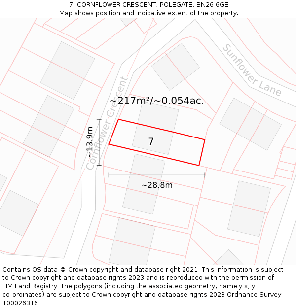 7, CORNFLOWER CRESCENT, POLEGATE, BN26 6GE: Plot and title map