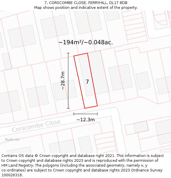 7, CORSCOMBE CLOSE, FERRYHILL, DL17 8DB: Plot and title map