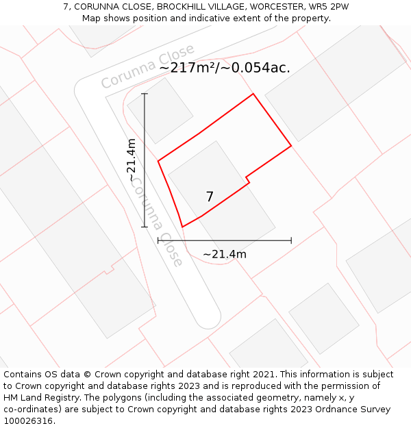 7, CORUNNA CLOSE, BROCKHILL VILLAGE, WORCESTER, WR5 2PW: Plot and title map