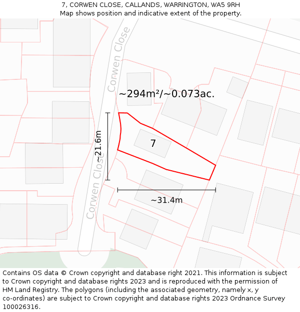 7, CORWEN CLOSE, CALLANDS, WARRINGTON, WA5 9RH: Plot and title map