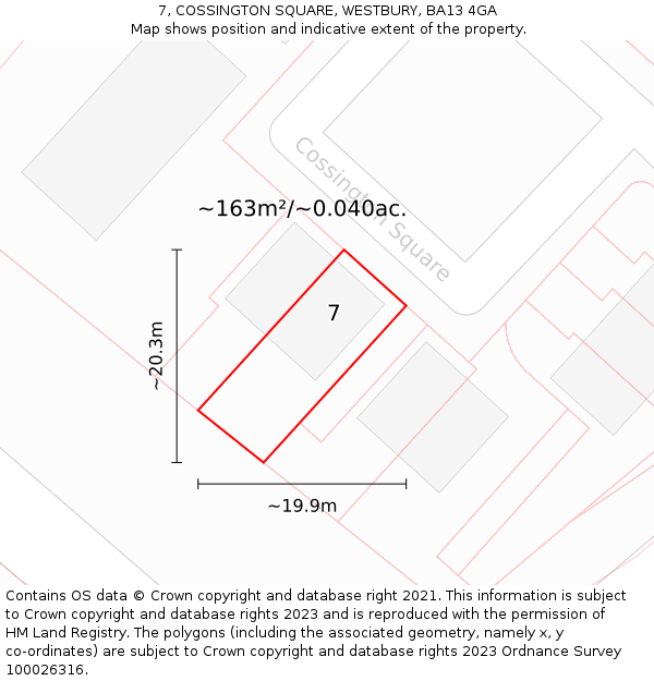 7, COSSINGTON SQUARE, WESTBURY, BA13 4GA: Plot and title map