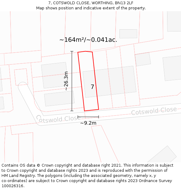 7, COTSWOLD CLOSE, WORTHING, BN13 2LF: Plot and title map