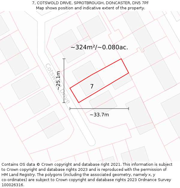 7, COTSWOLD DRIVE, SPROTBROUGH, DONCASTER, DN5 7PF: Plot and title map