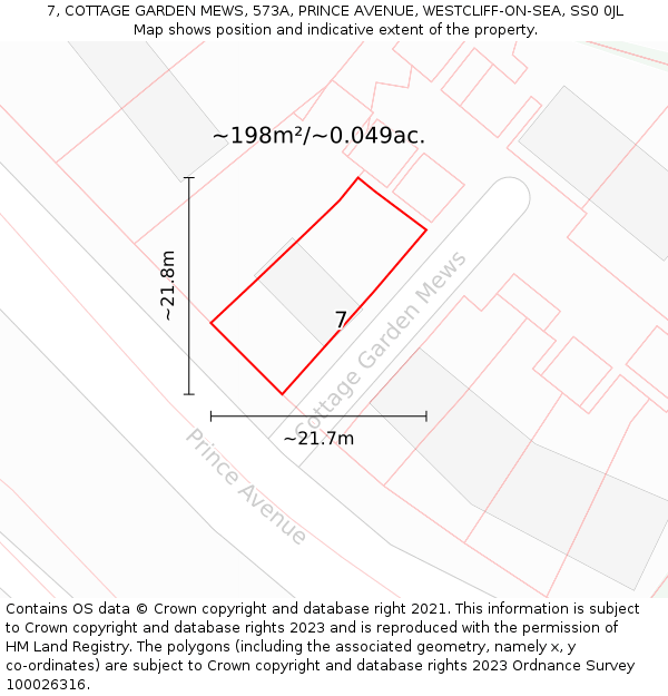 7, COTTAGE GARDEN MEWS, 573A, PRINCE AVENUE, WESTCLIFF-ON-SEA, SS0 0JL: Plot and title map