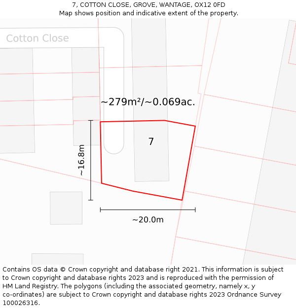 7, COTTON CLOSE, GROVE, WANTAGE, OX12 0FD: Plot and title map