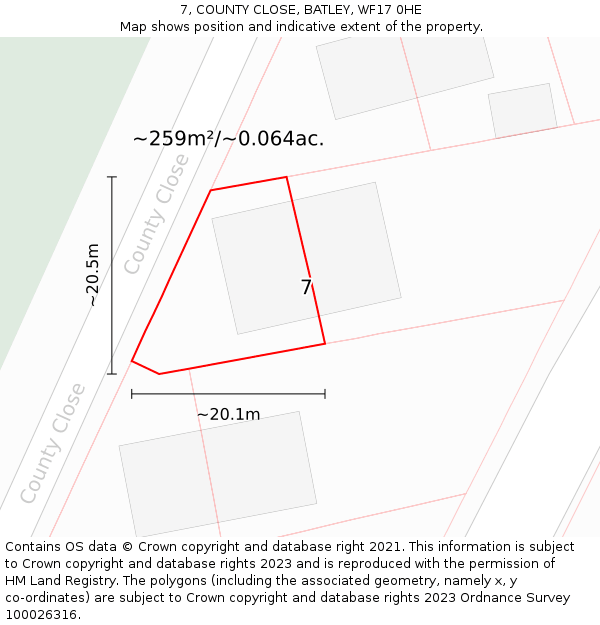 7, COUNTY CLOSE, BATLEY, WF17 0HE: Plot and title map